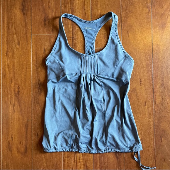 ZELLA Womens Workout Cinch T Back Tank Gray Built In Bra Size L - Picture 1 of 9